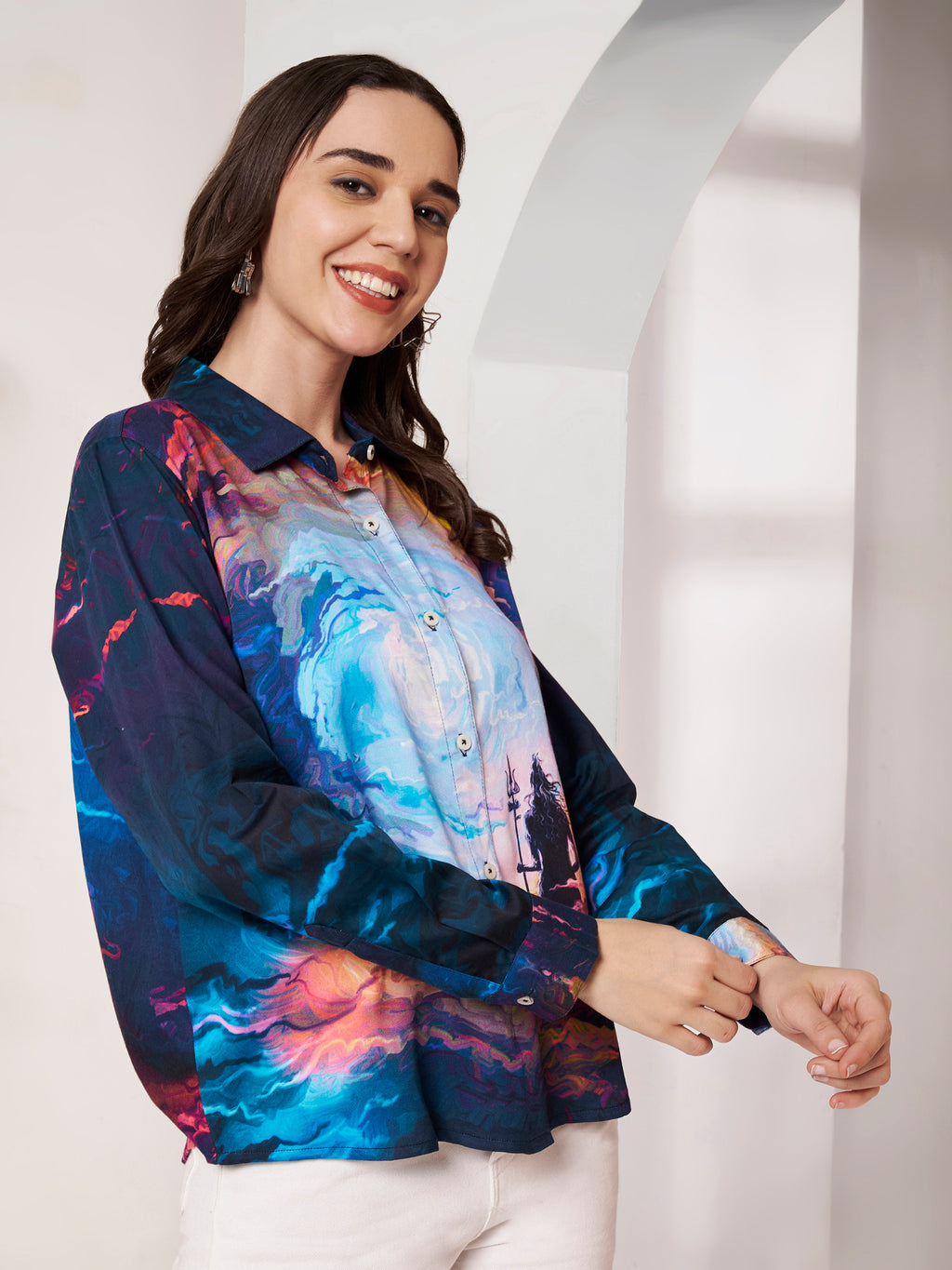 Women's Cosmic Warrior Artistic Print Full Sleeve Button-Down Shirt