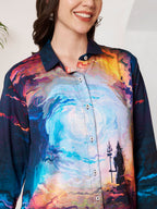 Women's Cosmic Warrior Artistic Print Full Sleeve Button-Down Shirt
