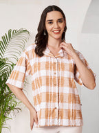 Women's Peach & White Checkered Textured Button-Down Shirt
