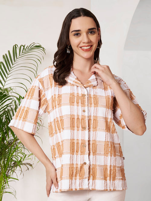Women's Checkered Textured Button-Down Shirt