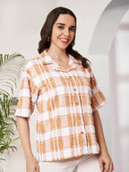 Women's Peach & White Checkered Textured Button-Down Shirt