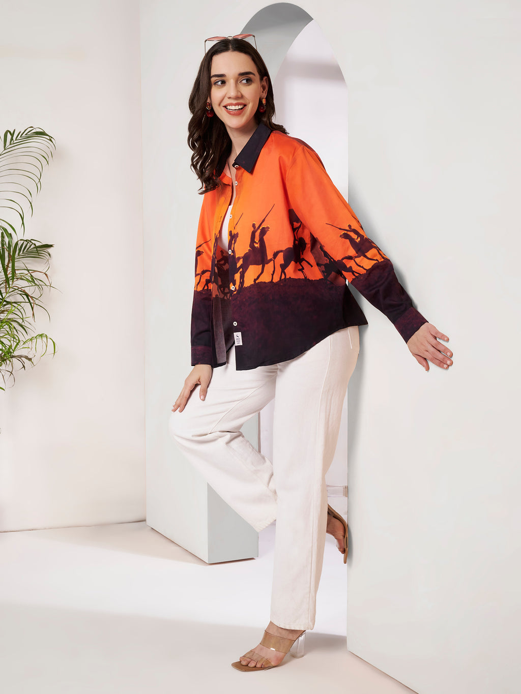 Women's Sunset Horse Rider Print Full Sleeve Button-Down Shirt