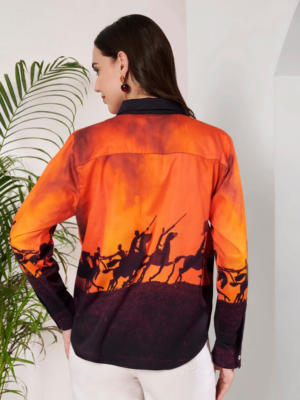 Women's Sunset Horse Rider Print Full Sleeve Button-Down Shirt