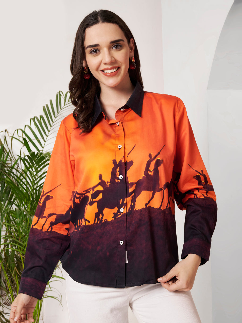 Women's Sunset Horse Rider Print Full Sleeve Button-Down Shirt