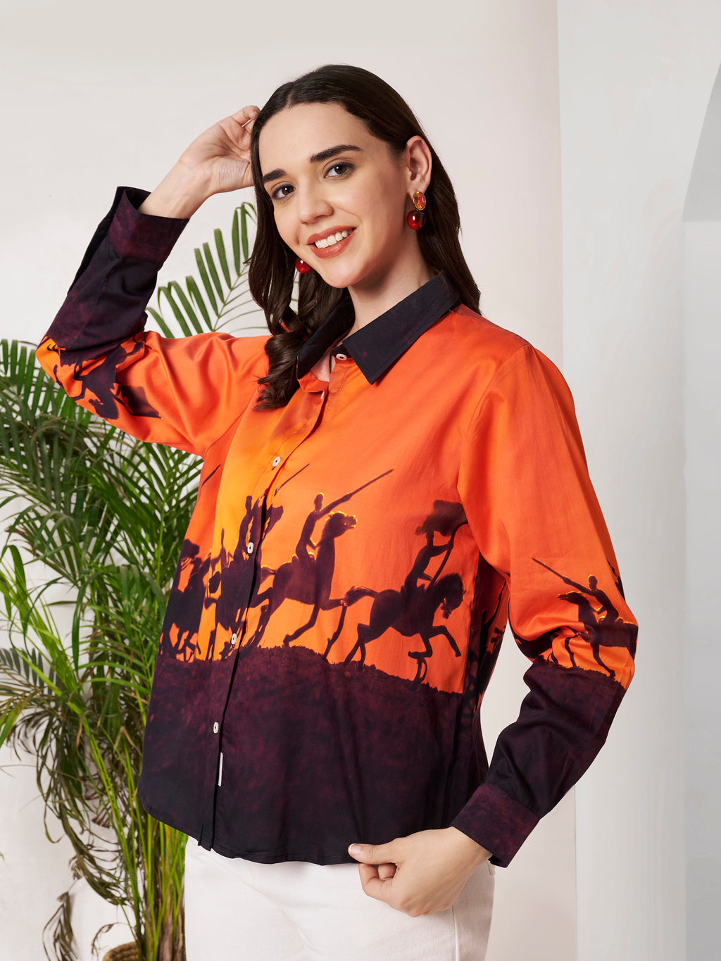 Women's Sunset Horse Rider Print Full Sleeve Button-Down Shirt