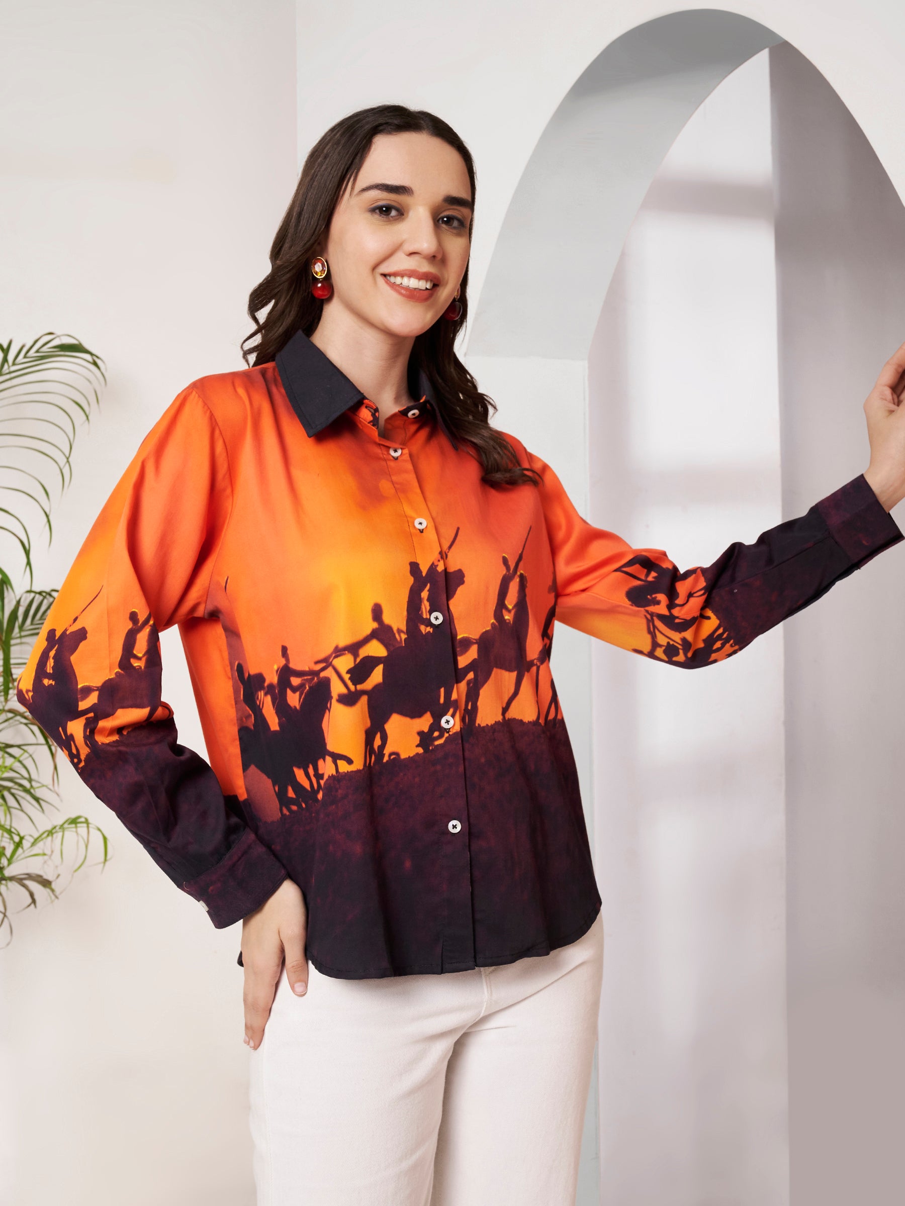 Women's Sunset Horse Rider Print Full Sleeve Button-Down Shirt