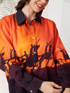 Women's Sunset Horse Rider Print Full Sleeve Button-Down Shirt