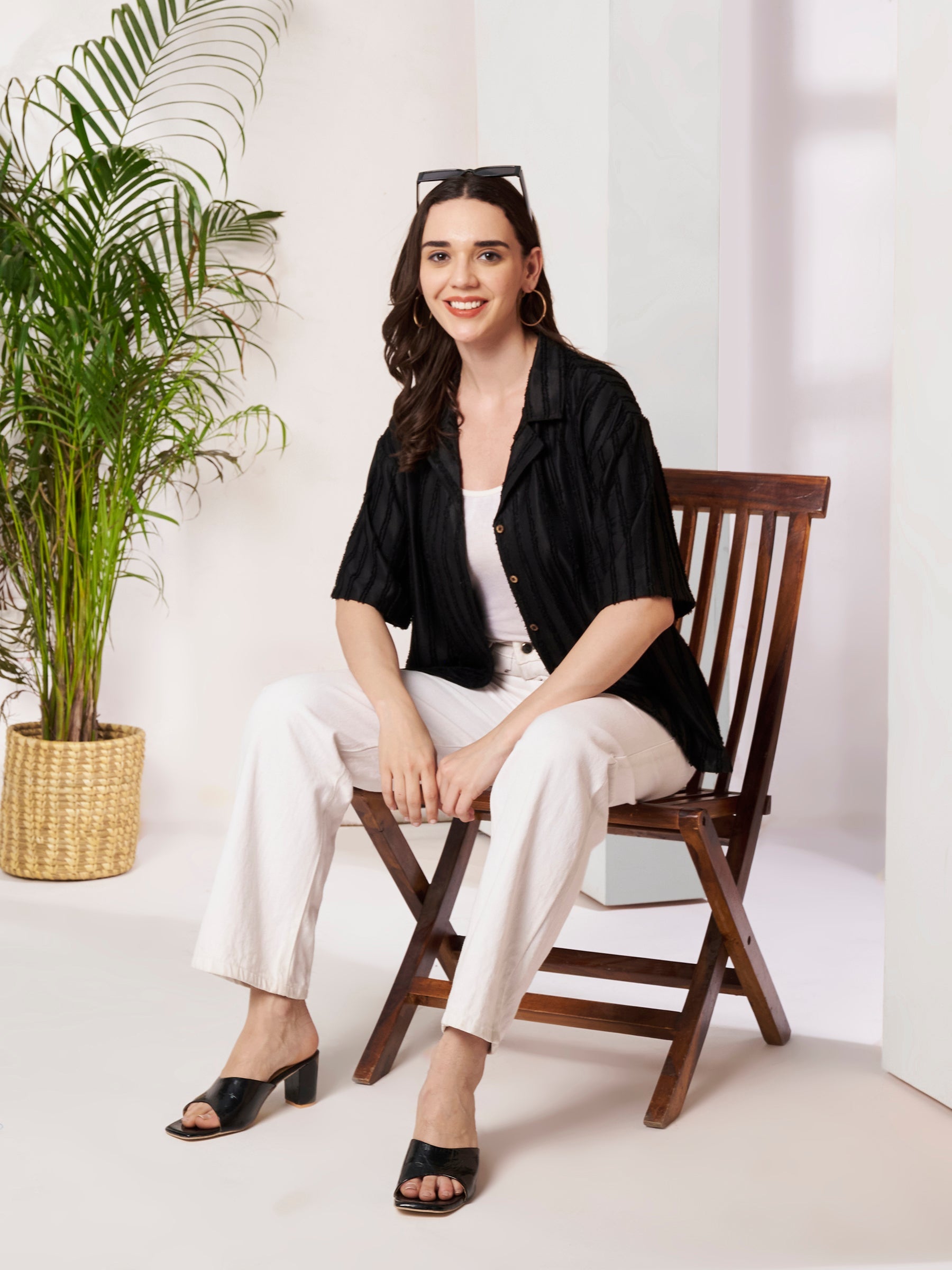 Women's Textured Button-Down Shirt with Half Sleeves