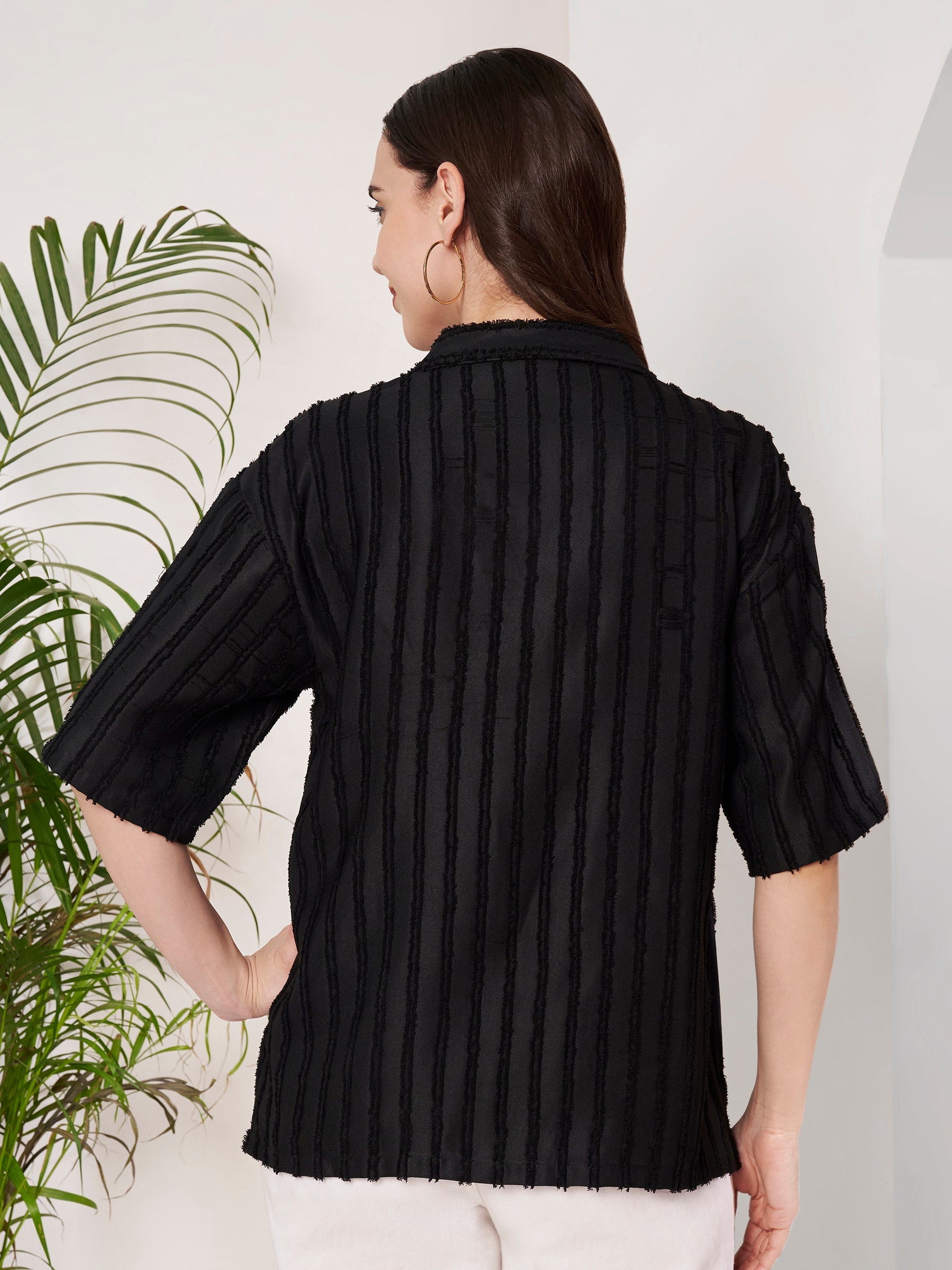 Women's Textured Button-Down Shirt with Half Sleeves