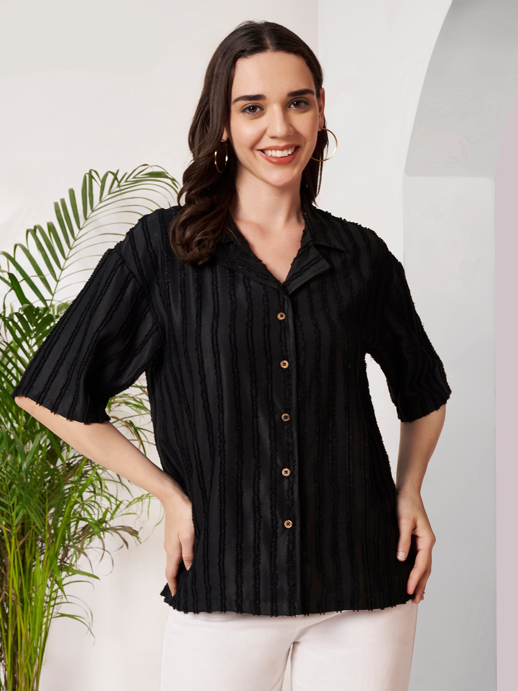Women's Textured Button-Down Shirt with Half Sleeves
