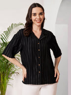 Women's Black Textured Button-Down Shirt