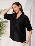 Women's Textured Button-Down Shirt with Half Sleeves