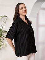 Women's Black Textured Button-Down Shirt
