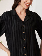 Women's Black Textured Button-Down Shirt