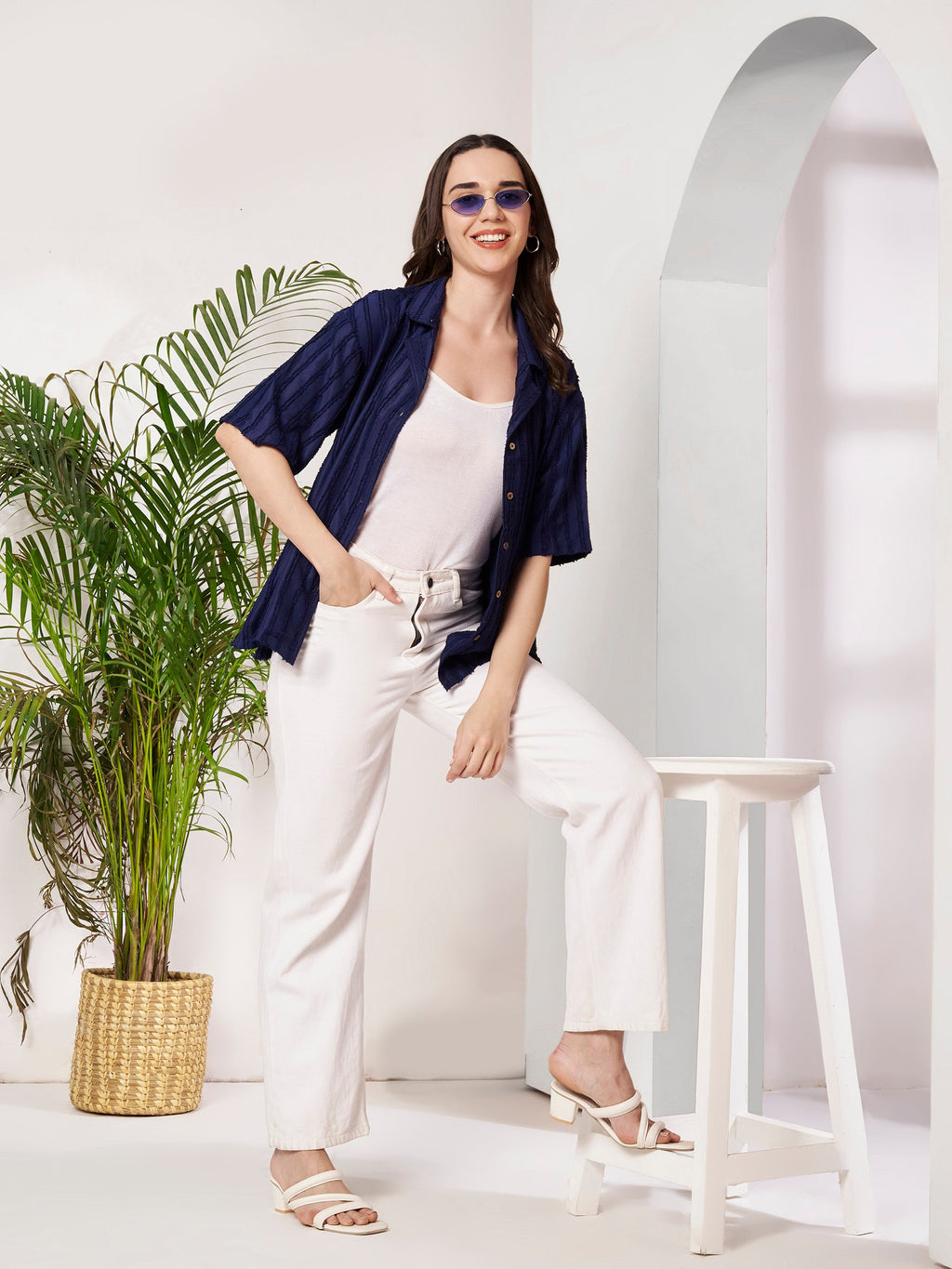 Women's Textured Button-Down Shirt with Half Sleeves