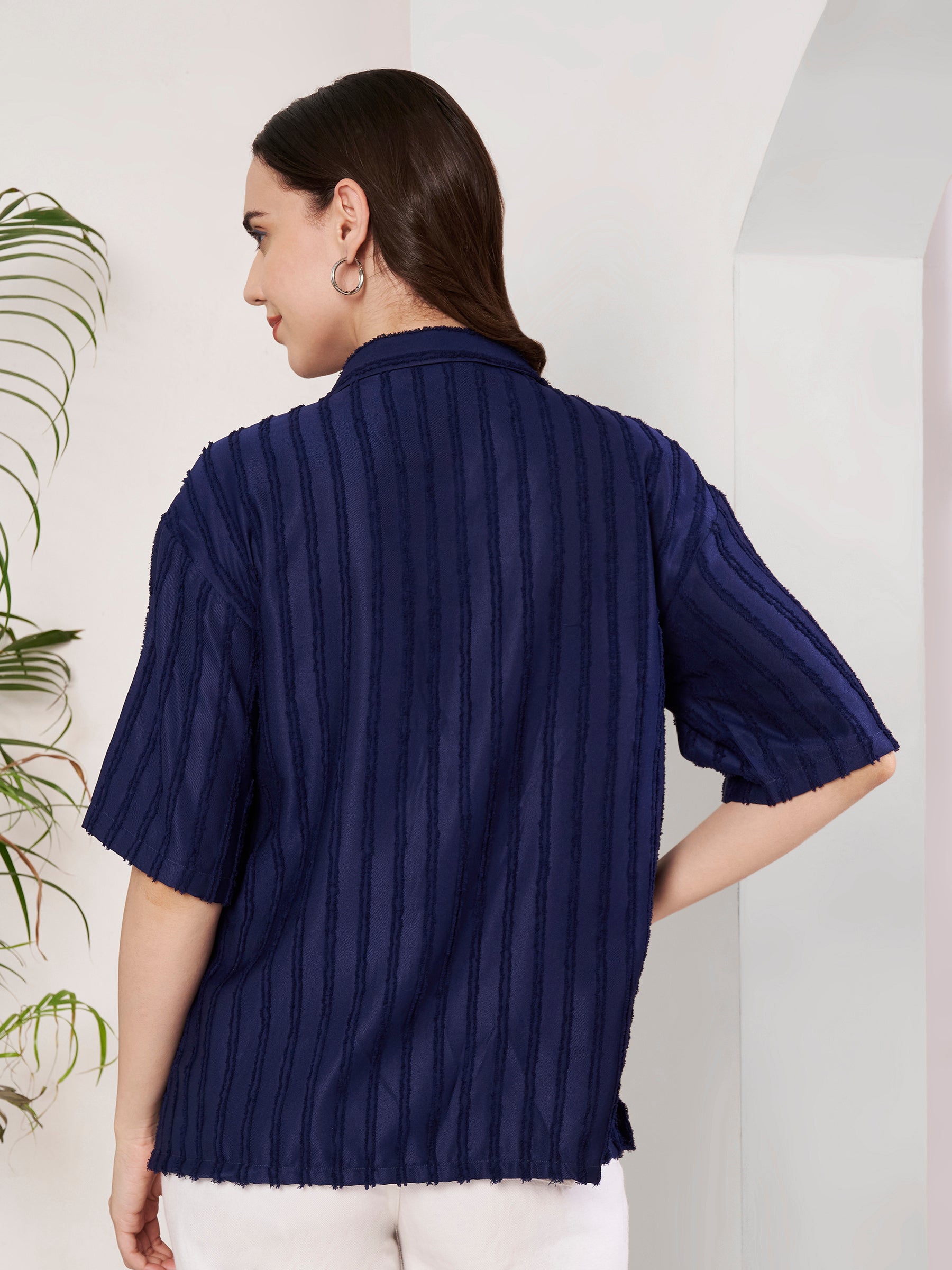 Women's Textured Button-Down Shirt with Half Sleeves