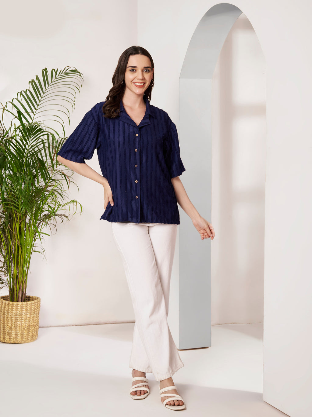 Women's Textured Button-Down Shirt with Half Sleeves