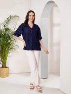 Women's Textured Button-Down Shirt with Half Sleeves