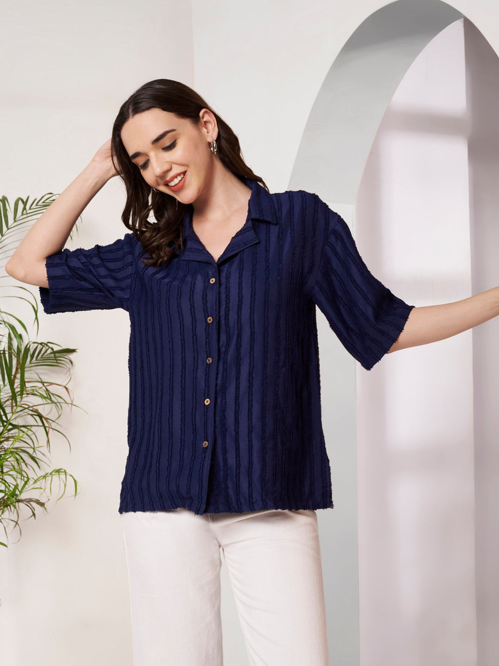 Women's Textured Button-Down Shirt with Half Sleeves
