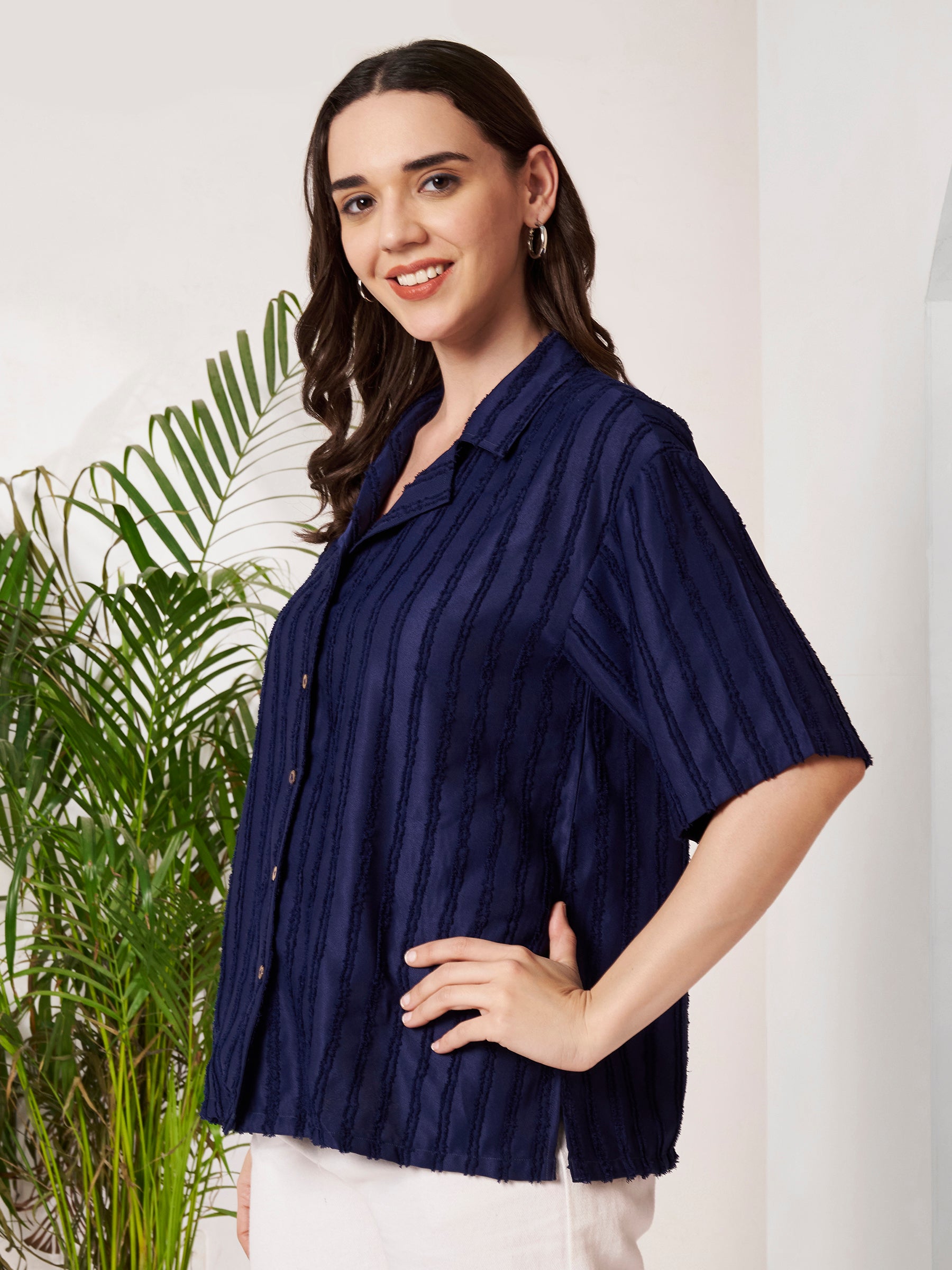 Women's Textured Button-Down Shirt with Half Sleeves