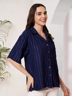 Women's Textured Button-Down Shirt with Half Sleeves