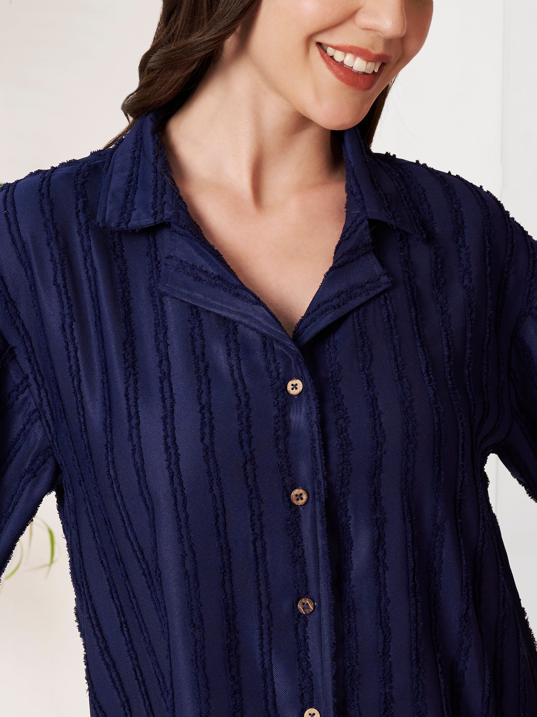 Women's Textured Button-Down Shirt with Half Sleeves