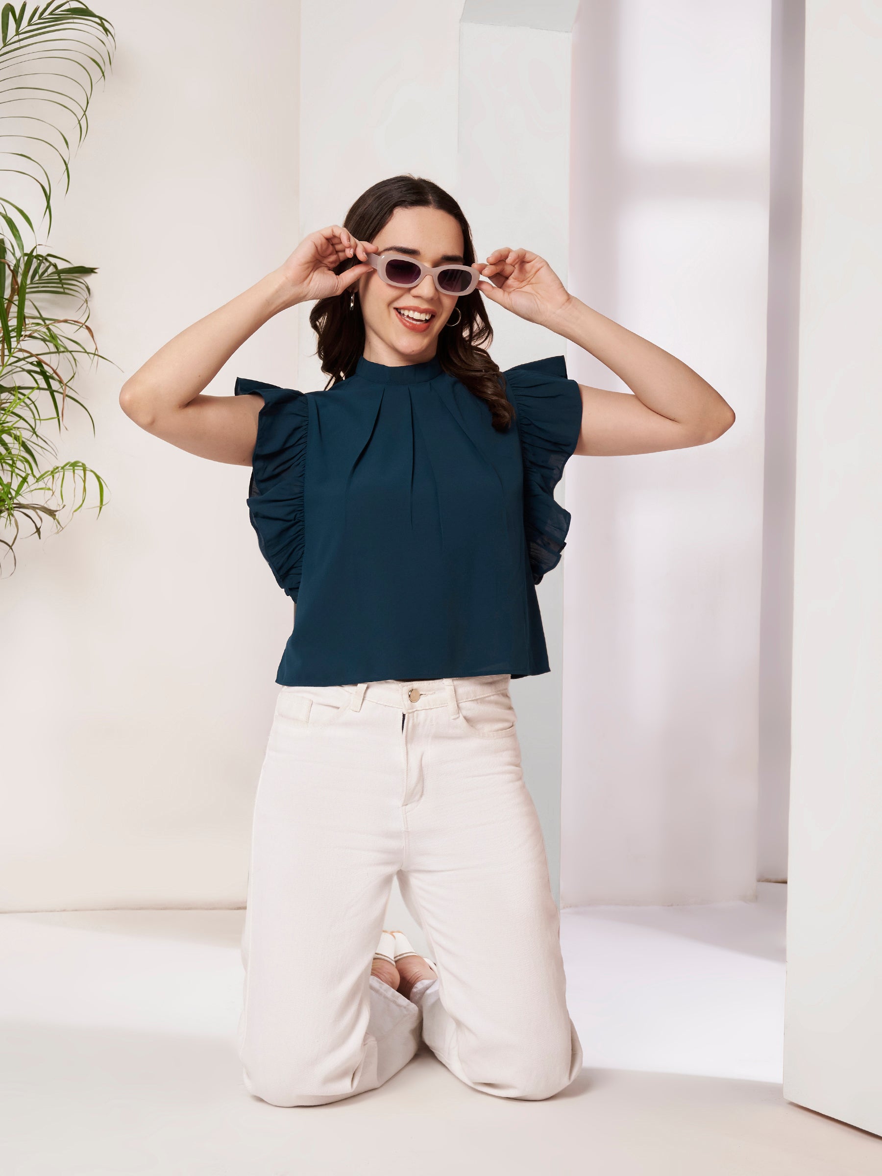 Women's Teal Blue High Neck Ruffle Sleeve Top