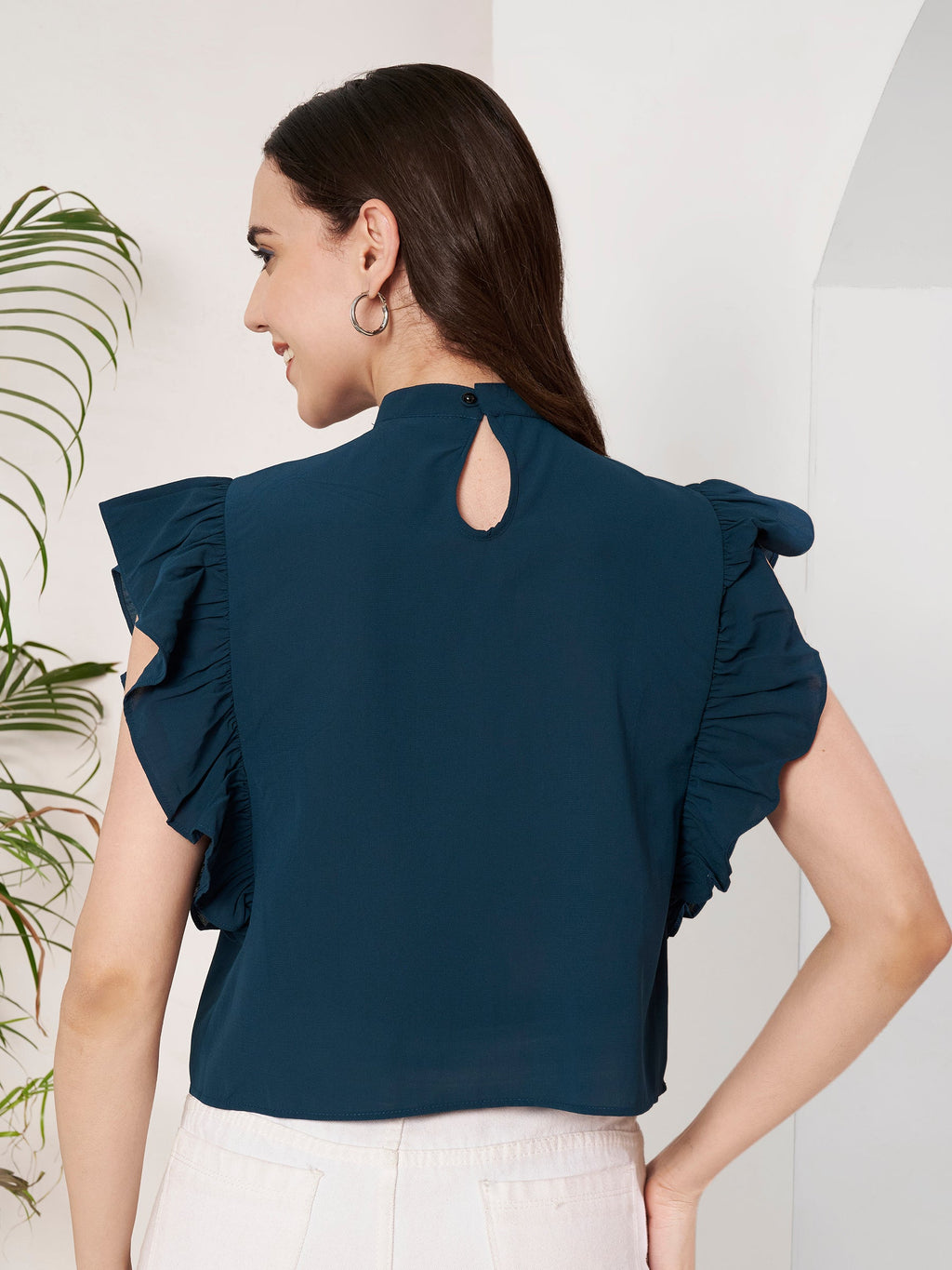 Women's High Neck Ruffle Sleeve Top