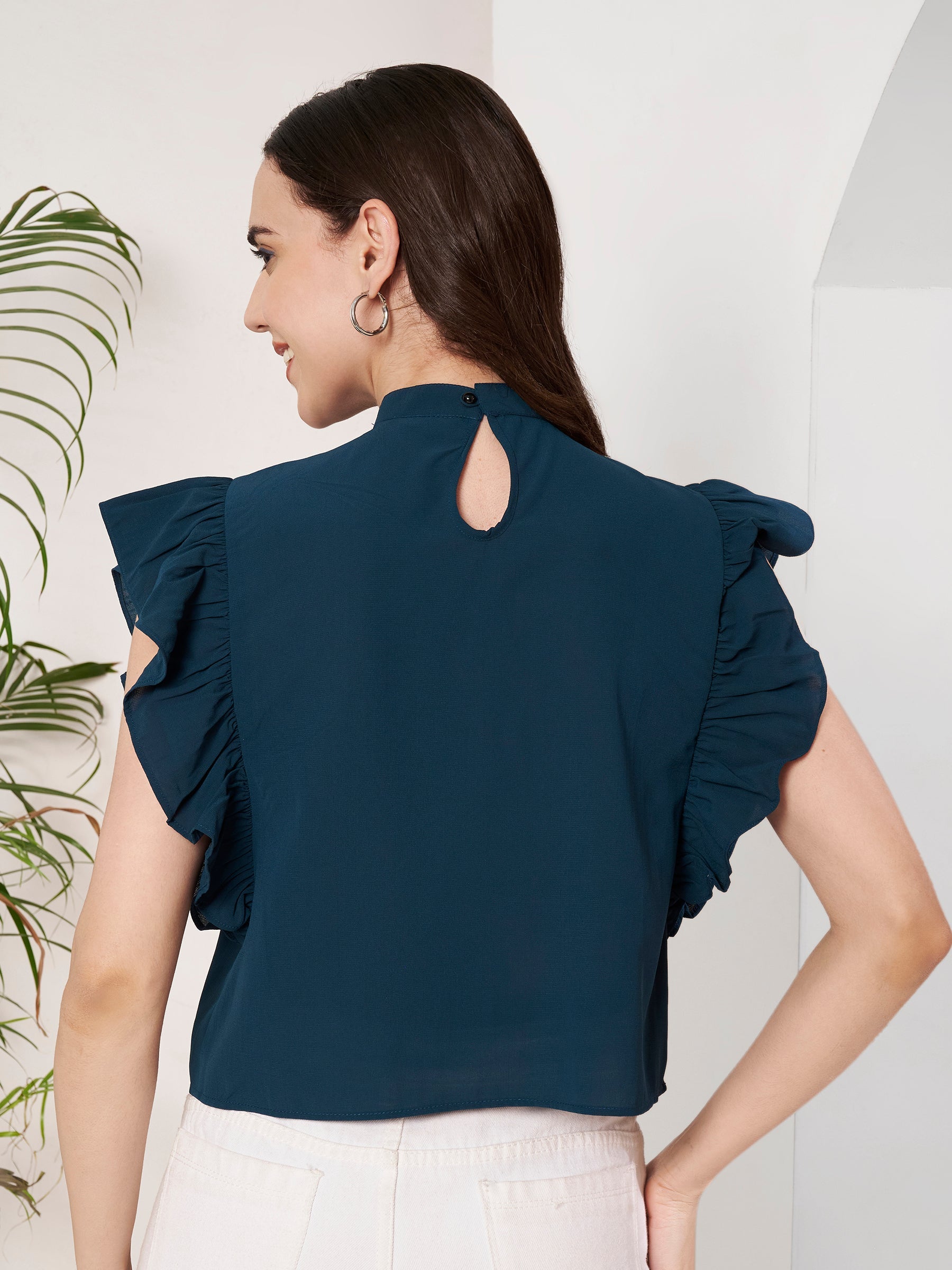 Women's High Neck Ruffle Sleeve Top