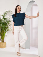 Women's Teal Blue High Neck Ruffle Sleeve Top