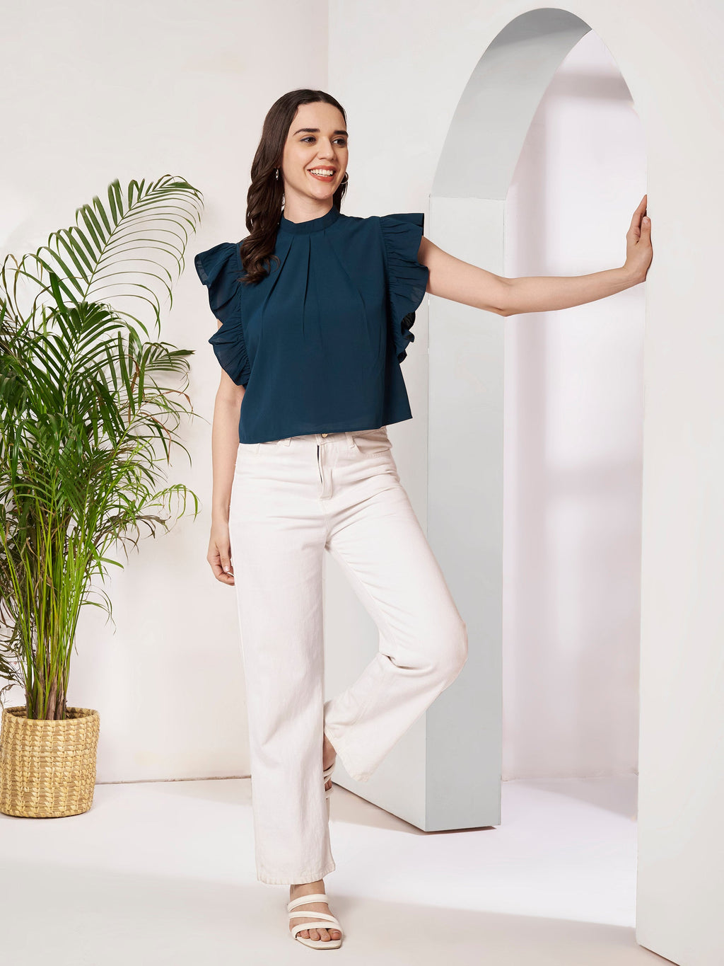 Women's High Neck Ruffle Sleeve Top