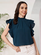 Women's Teal Blue High Neck Ruffle Sleeve Top