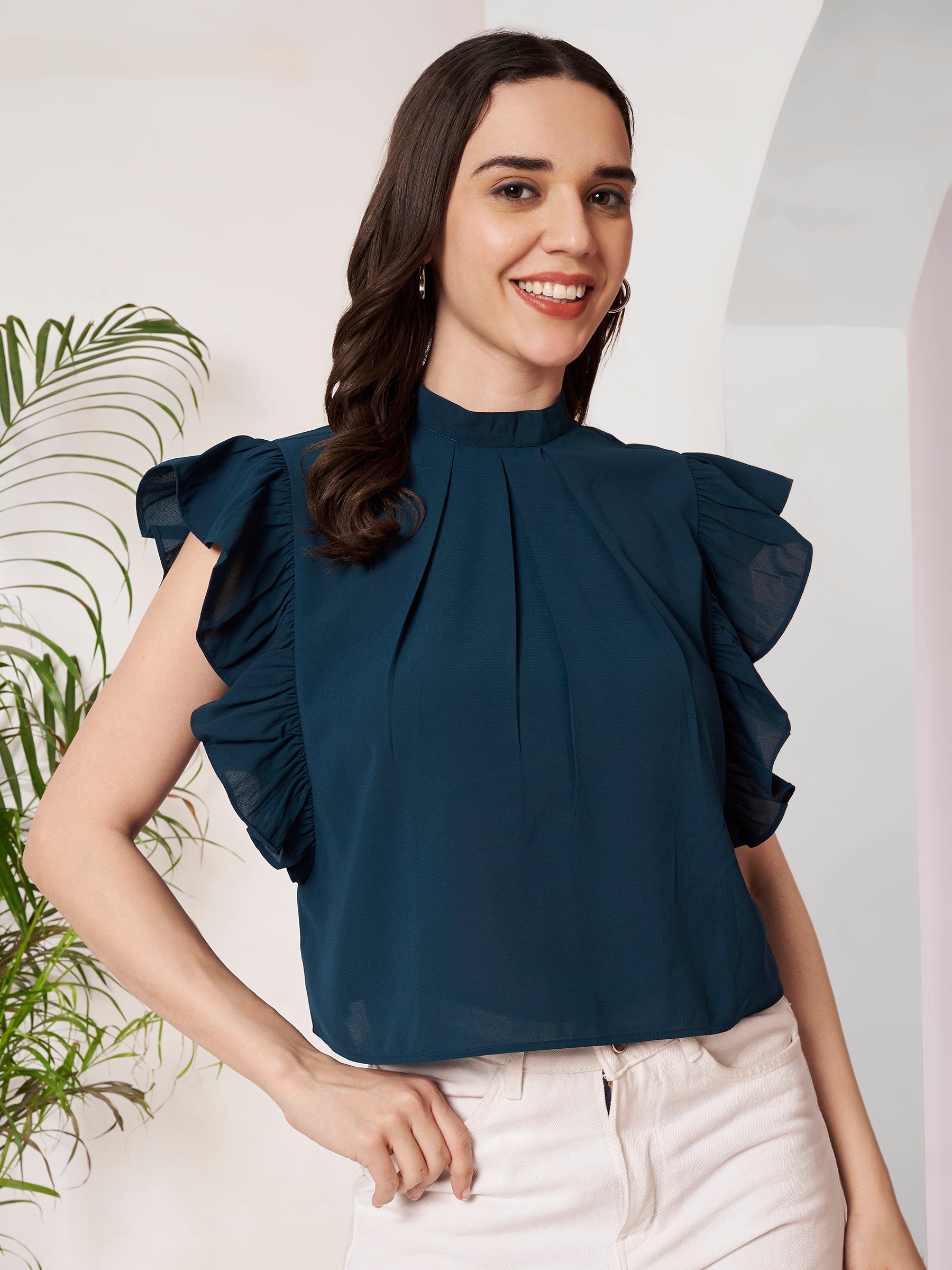 Women's High Neck Ruffle Sleeve Top
