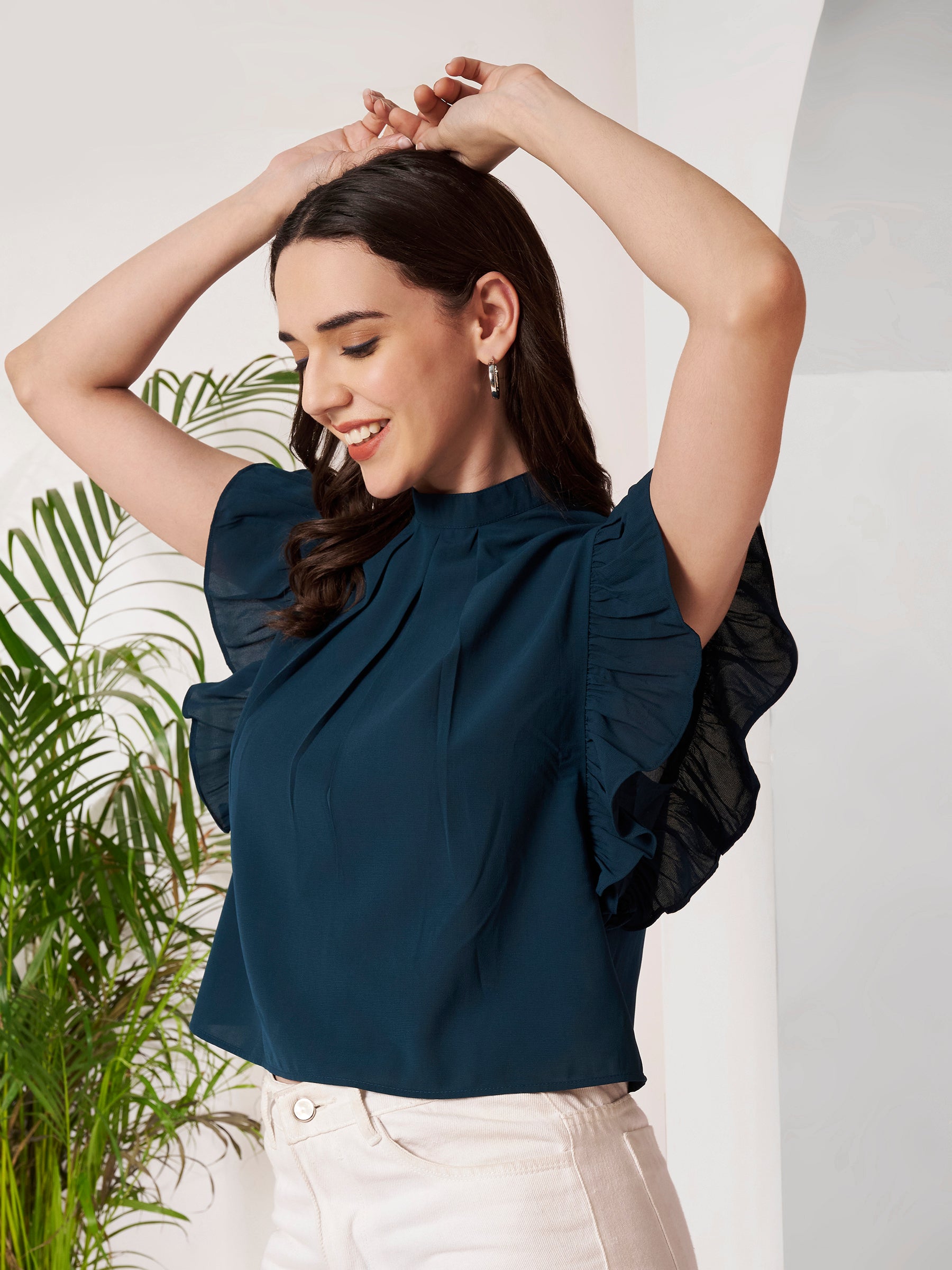 Women's Teal Blue High Neck Ruffle Sleeve Top