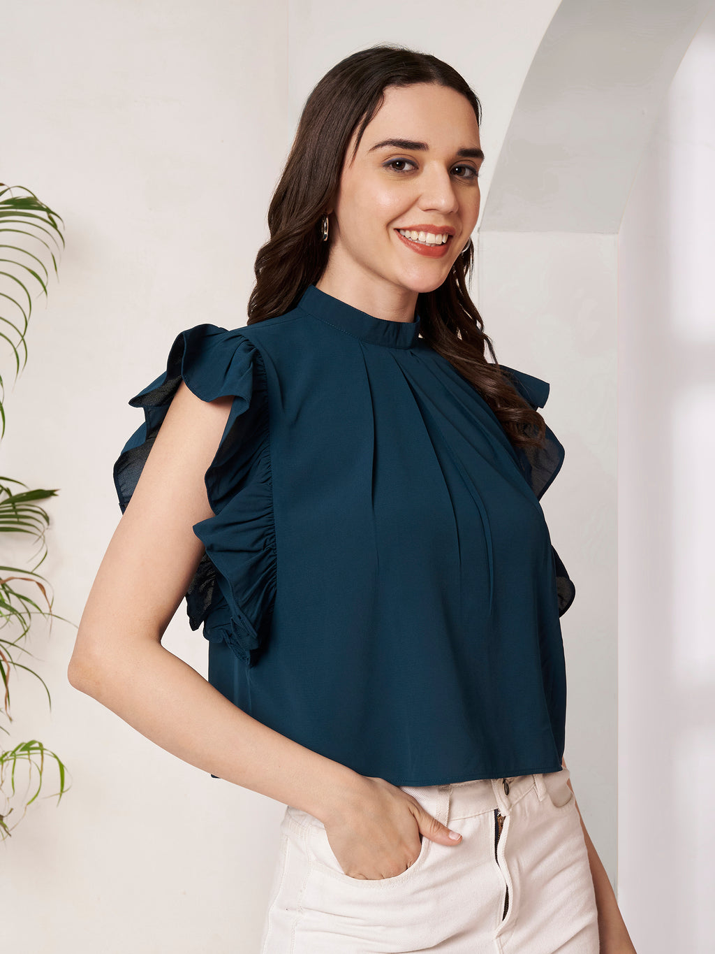 Women's Teal Blue High Neck Ruffle Sleeve Top