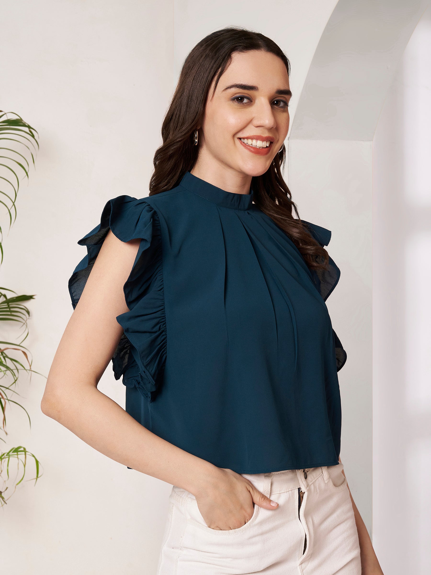 Women's Teal Blue High Neck Ruffle Sleeve Top