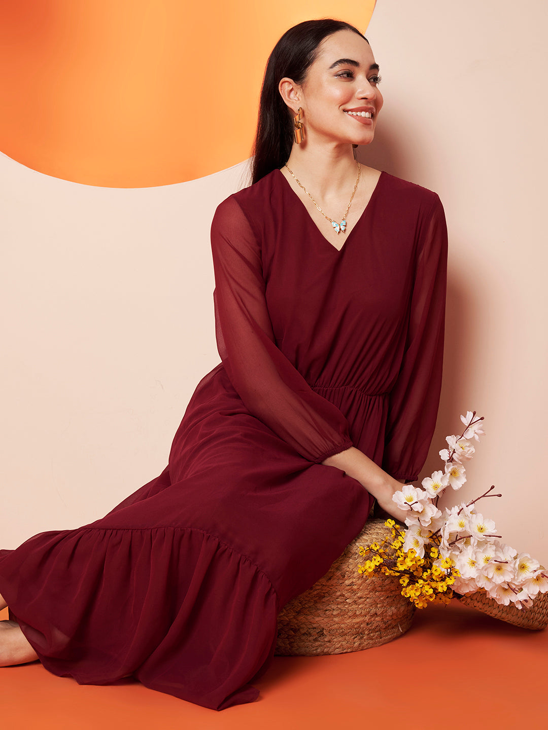 Maroon Georgette Maxi Dress