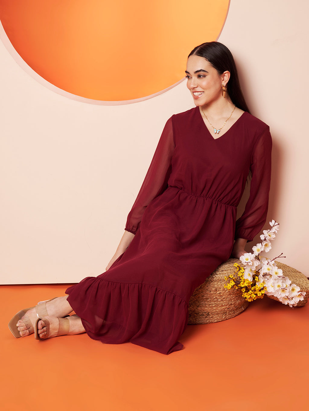 Maroon Georgette Maxi Dress