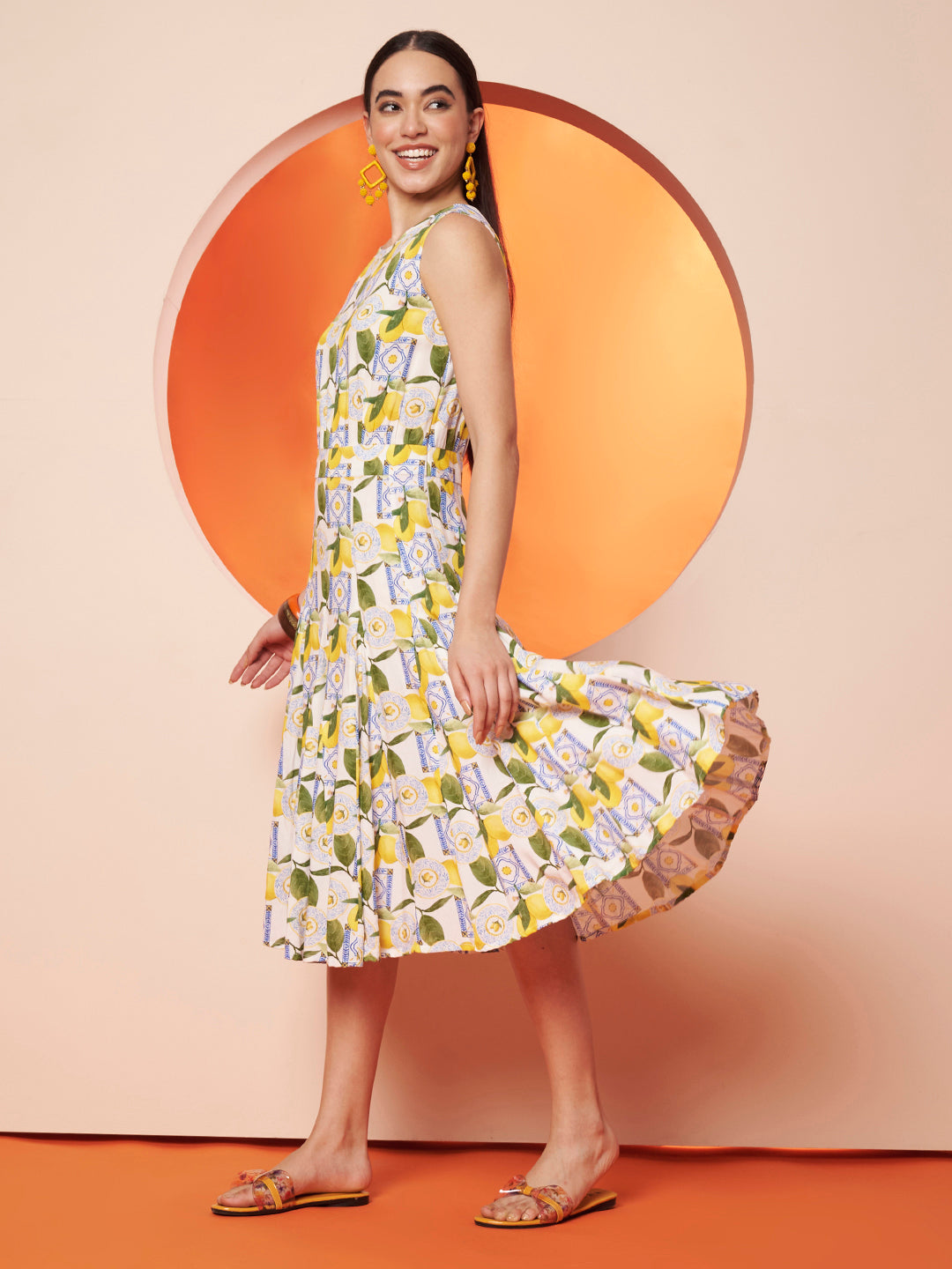 Women’s Lemon Print Sleeveless Midi Dress
