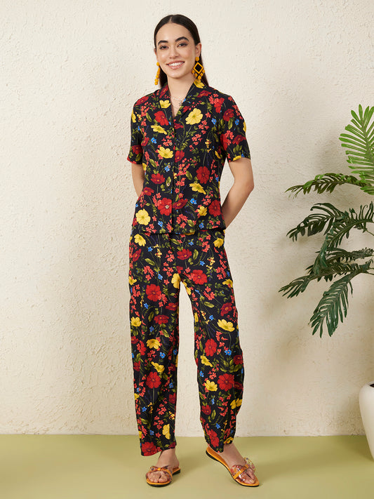 Women’s Black Floral Short Sleeve Co-ord Set