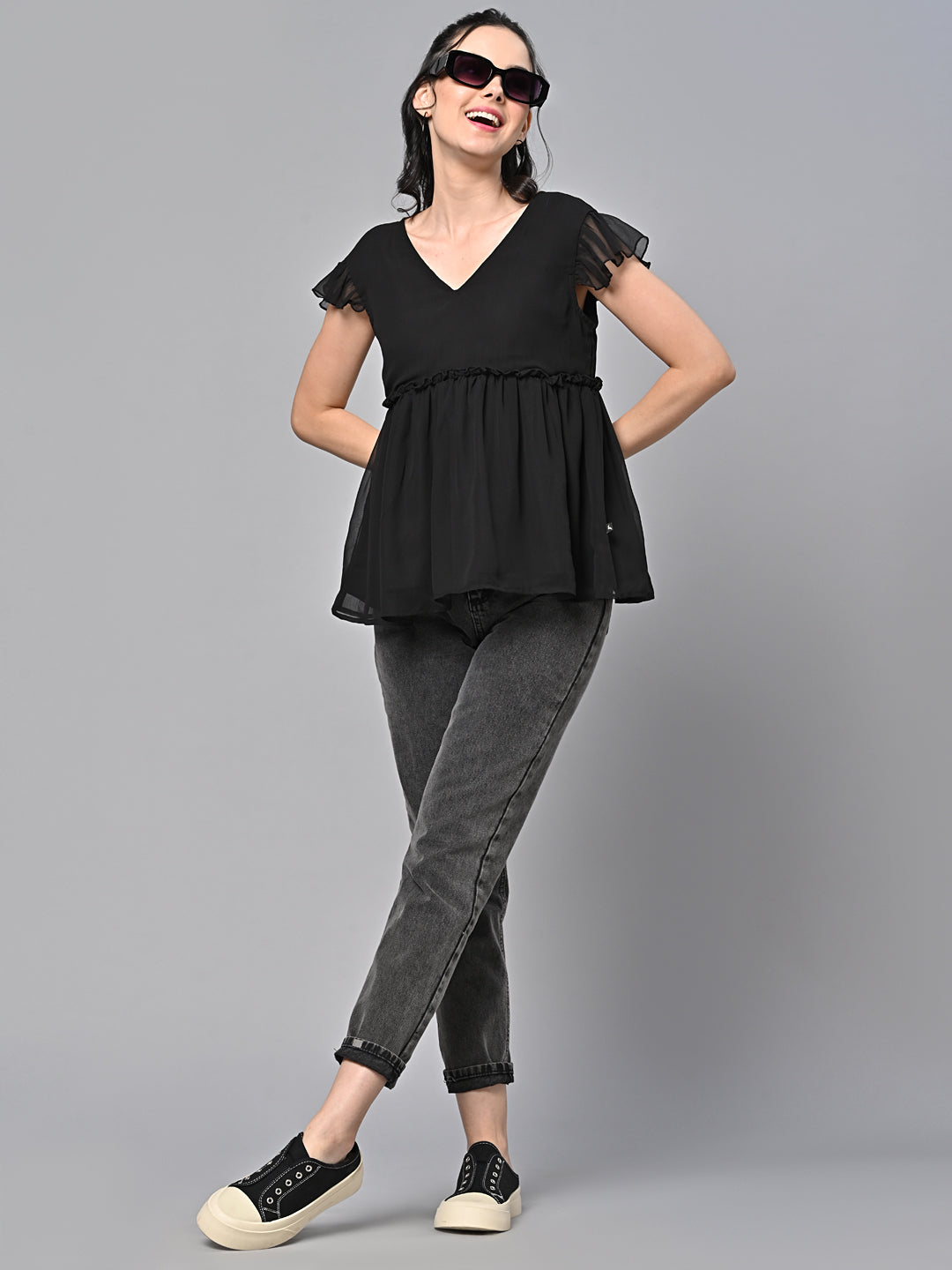 Valbone Women’s Black Georgette Solid Top With Short-Sleeves
