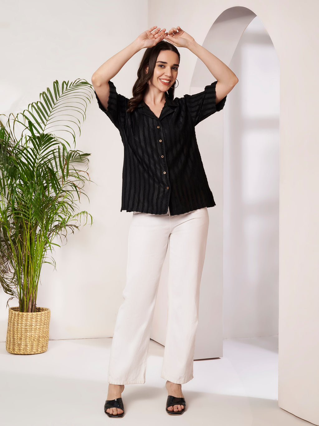 Women's Black Textured Button-Down Shirt