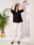 Women's Black Textured Button-Down Shirt