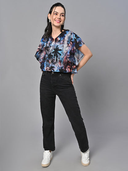 Valbone Women’s Digital Printed Georgette Top With Short-Sleeves