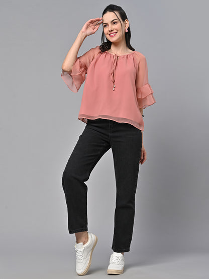 Valbone Women’s Peach Color Solid Top With Half-Sleeves
