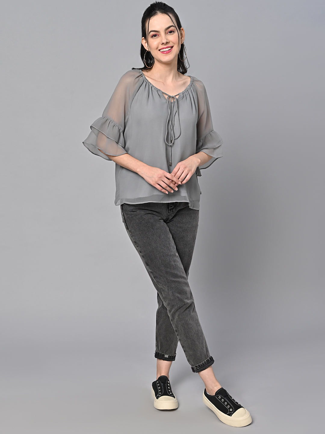 Valbone Women’s Grey Color Solid Top With Half-Sleeves