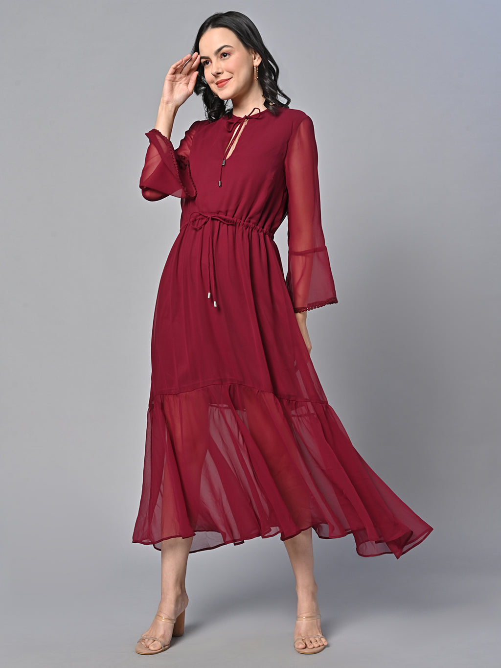 Red Solid Print Maxi Dress