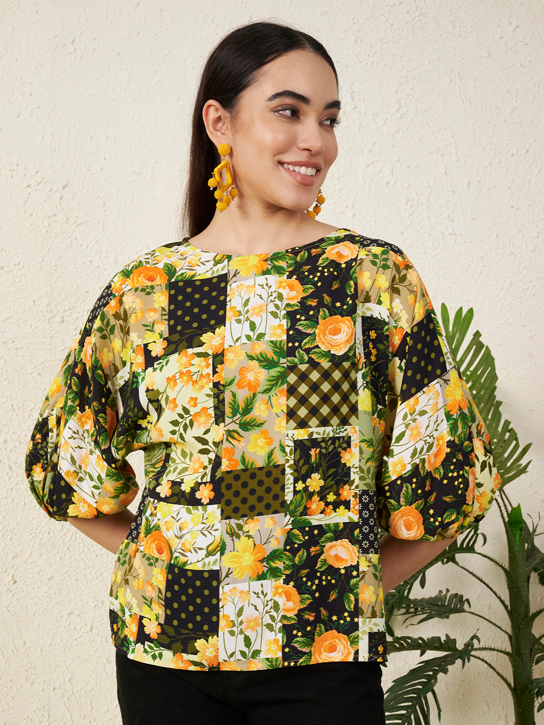 Monochrome Leaf Printed Viscose Top