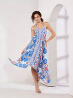 Women's White & Blue Floral Handkerchief Hem Maxi Dress