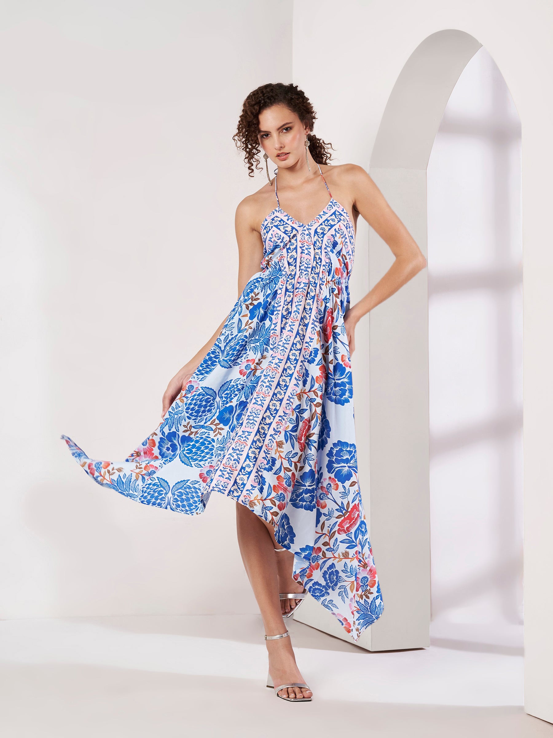 Women's White & Blue Floral Handkerchief Hem Maxi Dress